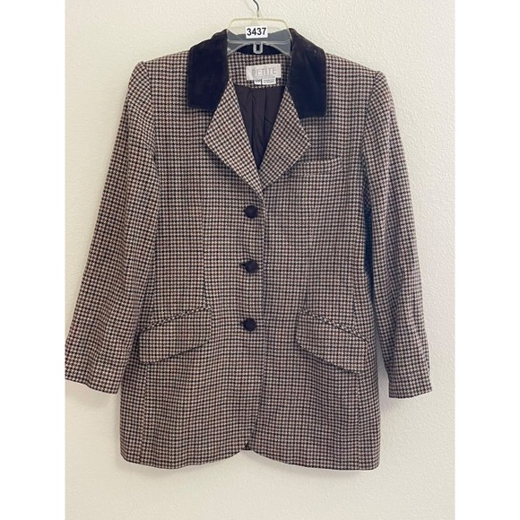 Petite Sophisticate Jackets & Blazers - Petite Sophisticate Brown Houndstooth Blazer Velvet Collar Wool Blend Size 12P